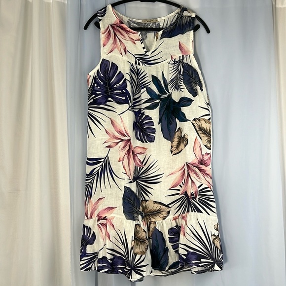 LUNGO L’ARNO linen tropical floral sleeveless made in Italy mini dress small - Picture 2 of 11